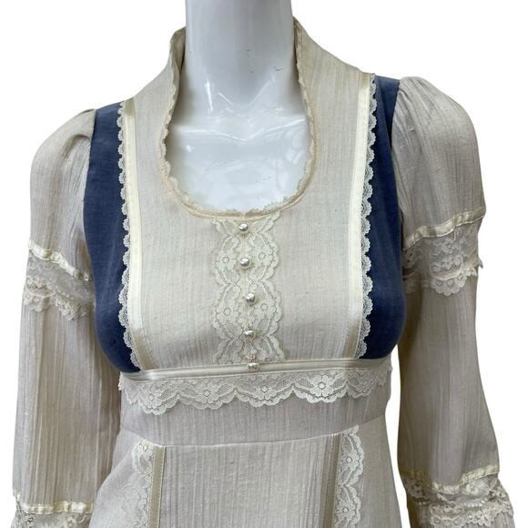 Gunne Sax Style Vintage 1970’s Peasant Dress Blue Velvet Panels Maxi Length XS - Picture 4 of 13